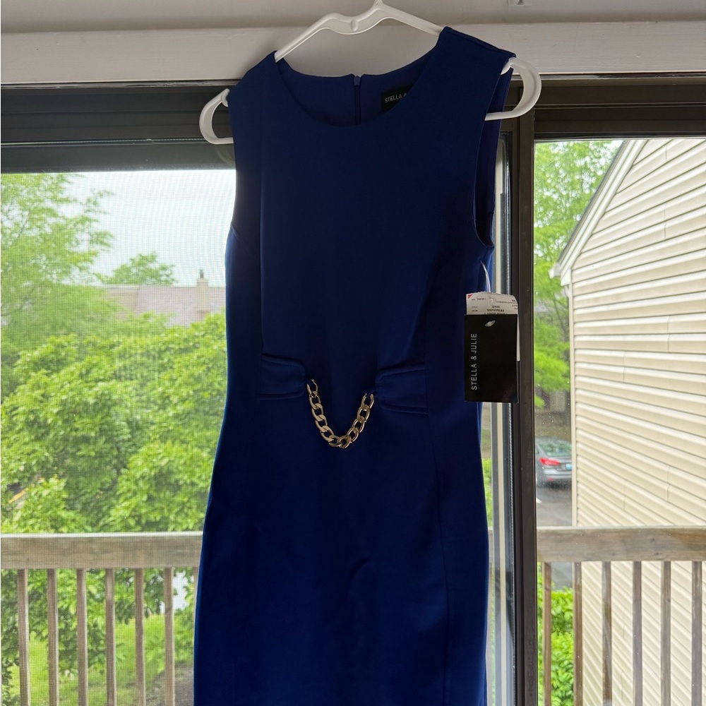 Blue and Gold Sheath Midi Dress Sleeveless Crew Neck Cocktail